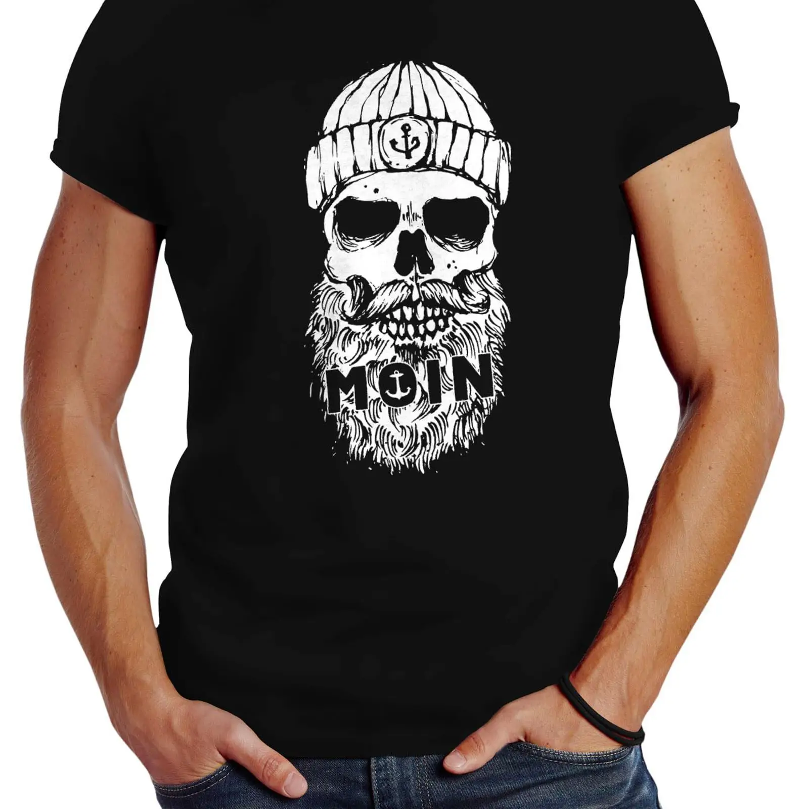 Vintage Fashion Hamburg - เสื้อยืดผู้ชาย Neverless ลายพิมพ์ Moin Skull Hamburg