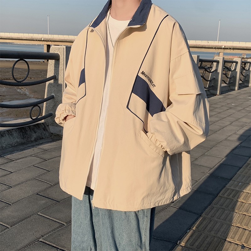 Vintage Windbreaker Nylon - แจ็คเก็ตกันลมแบบอเมริกันสำหรับผู้ชายเสื้อโค้ทกีฬาแบบบางเสื้อแจ็คเก็ตแนววิทยาลัยสีกากีทรงหลวมแบบเย็บปะ unisex แฟชั่นสำหรับฤดูใบไม้ผลิฤดูร้อน