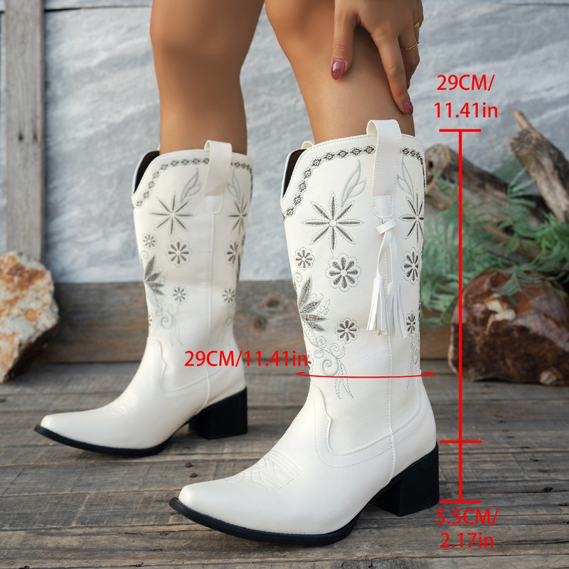 Vintage Outdoor Fashion - รองเท้าบูทส้นหนาหัวแหลมปักลายสไตล์วินเทจสำหรับผู้หญิง ความยาวถึงเข่า แฟชั่นปี 2026 สีพื้น ใส่สบาย