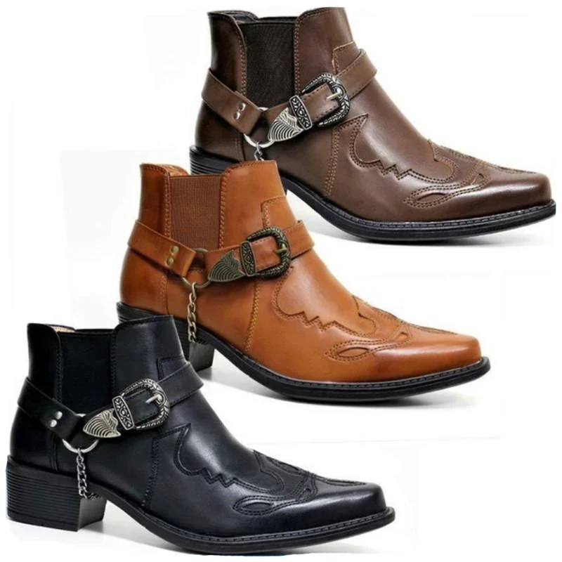 Vintage Fashion Online - รองเท้าบูทคาวบอยวินเทจหนังแท้ทรงสูงประดับโซ่และหัวเข็มขัดสไตล์พังก์สำหรับผู้ชาย แฟชั่นปี 2026 รองเท้าบูทข้อเท้าทรงแหลมสำหรับนักขี่มอเตอร์ไซค์