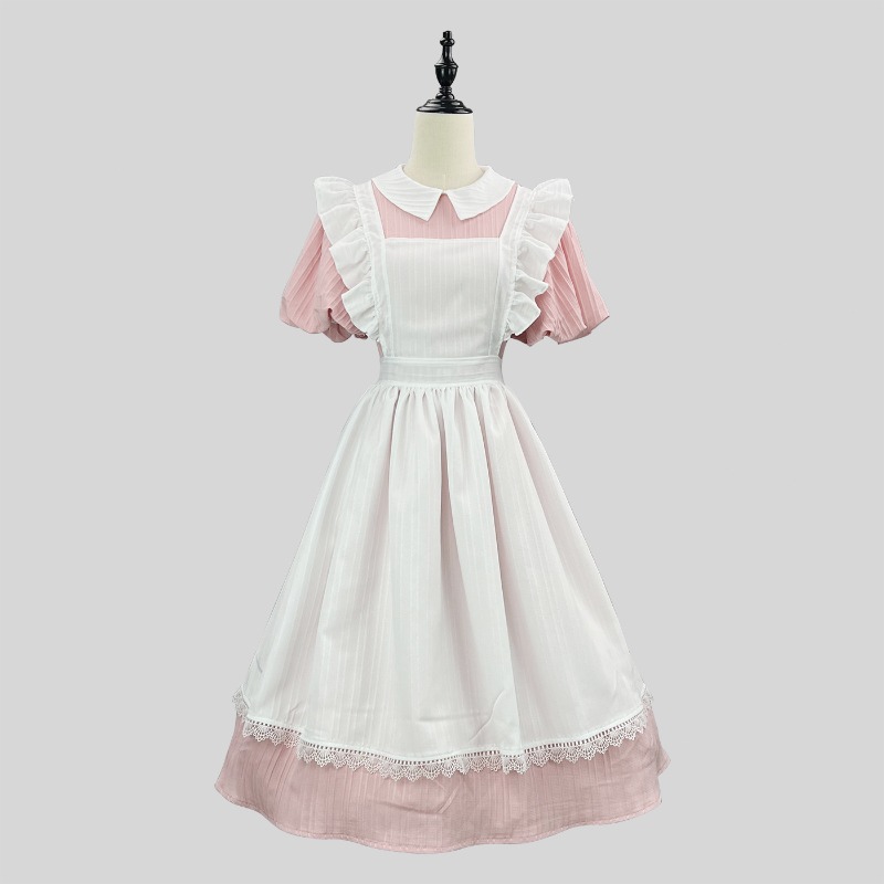 ชุดแม่บ้านสีชมพูขาวยาวพร้อมปกค - Vintage Fashion Dresses บทวิจารณ์และราคา